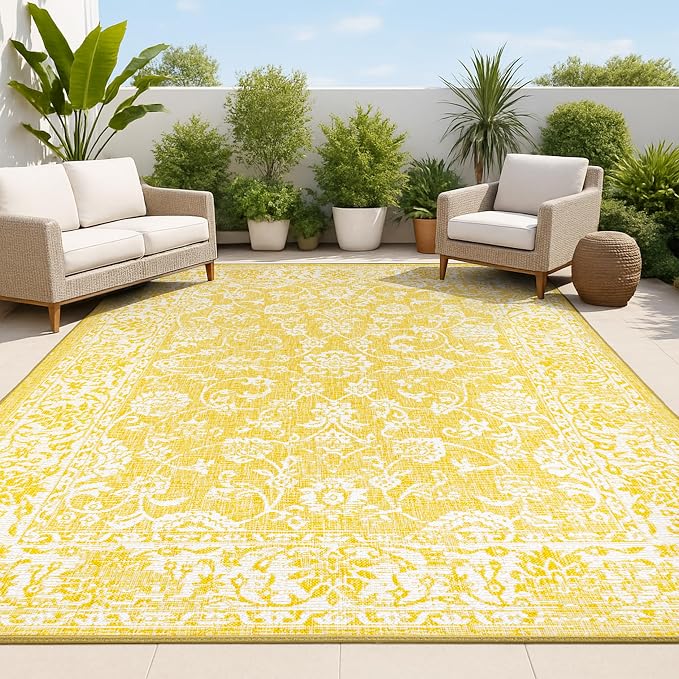 JONATHAN Y Weave Floral Indoor Outdoor Area Rug 8X10 Yellow/Cream, Tela Bohemian Textured for Backyard, Patio, Porch, Easy-Cleaning, High Traffic, Pet-Friendly, Non-Shedding (SMB100E-8)