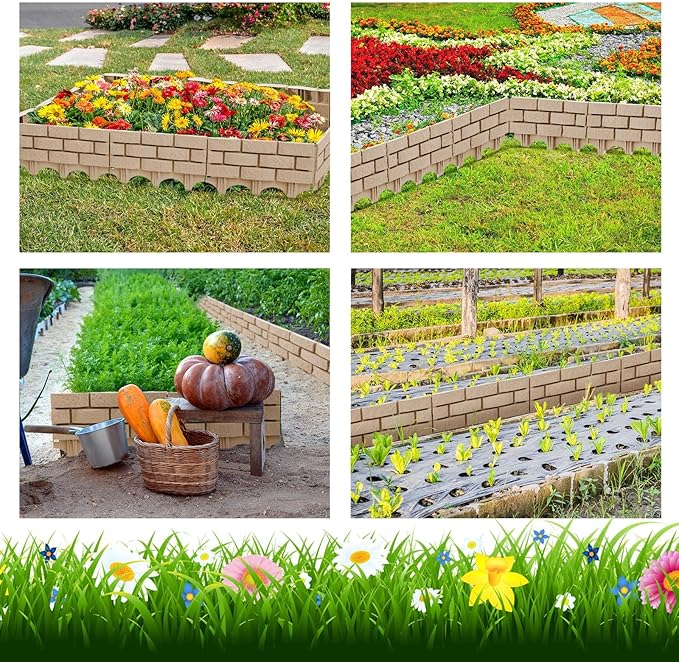 Landical 16 Pcs Imitation Stone Garden Fence, Faux Stone Retaining Wall Look Garden Bricks Border with Ground Stakes, 17.3 x 12.6 in Gray Plastic Edging Blocks for Flower Beds, Lawn, Mulch (Yellow)