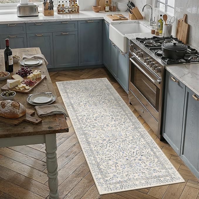 2x5 Blue Floral Runner Rug Vintage Farmhouse Style | Washable, Non Slip, Soft Low Pile, Hallway Carpet for Kitchen, Entryway, Laundry Room, Botanical Decor