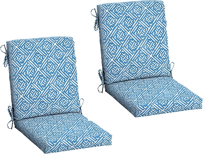 Arden 2-Pack Outdoor Patio Dining Chair Cushion, 20 x 44, Rain-Proof Seat Pad, Fade-Resistant Outdoor Cushion Amalfi Blue Tile