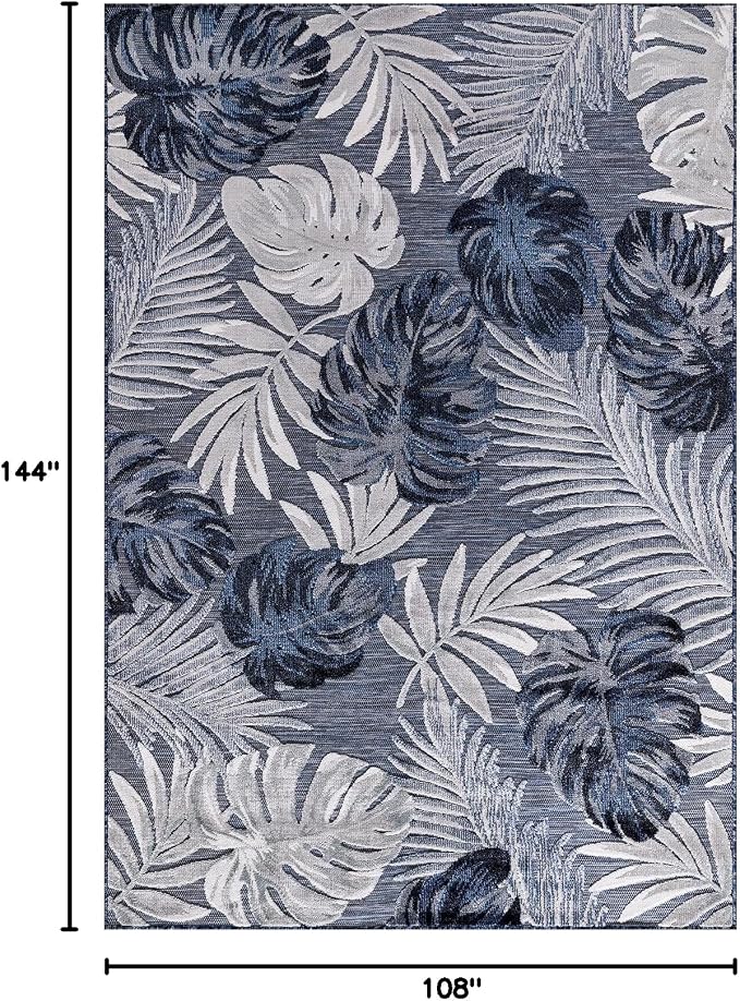 CAMILSON Indoor Outdoor Rug, Navy Blue 9’x12’ Leaf Tropical Botanical Area Rugs for Indoor and Outdoor patios, Easy-Cleaning Non-Shedding Living Room Garden and Kitchen Washable Outside Carpet (9x12)