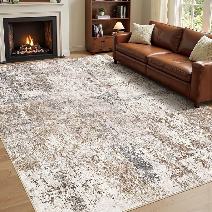 UERMEI Area Rug Living Room Rugs - Washable Neutral Modern Abstract Soft Thin Rug Indoor Floor No Slip Rug Carpet for Bedroom Under Dining Table Home Office Decor - Brown/Grey/Red - 10x14