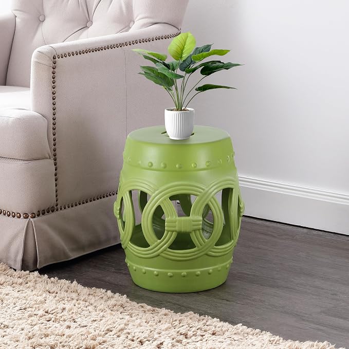 JONATHAN Y Lucky Coins 16" Ceramic Garden Stool, Contemporary Matte Green Cutout Interlocking Rings Drum Indoor/Outdoor Side Table and Plant Stand for Patio, Garden, Living Room TBL1022H