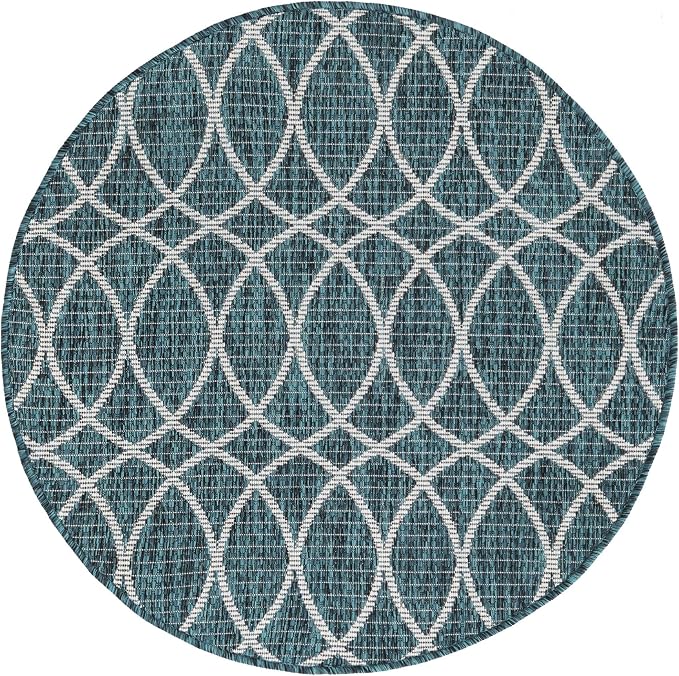 Unique Loom Outdoor Trellis Collection Area Rug - Gitter (3' 1" Round, Teal/ Ivory)
