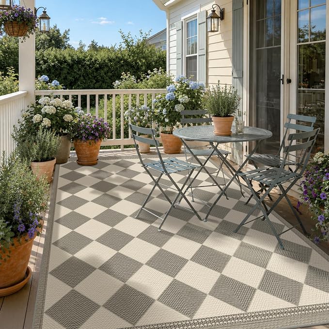 Beige Gray Checkered 5x7 Easy Jute Indoor Outdoor Area Rug for Living Room Backyard Porch, Washable Non Slip Dining Room & Bedroom Carpet, Diamond Pattern Modern Farmhouse Outdoor Patio Rug