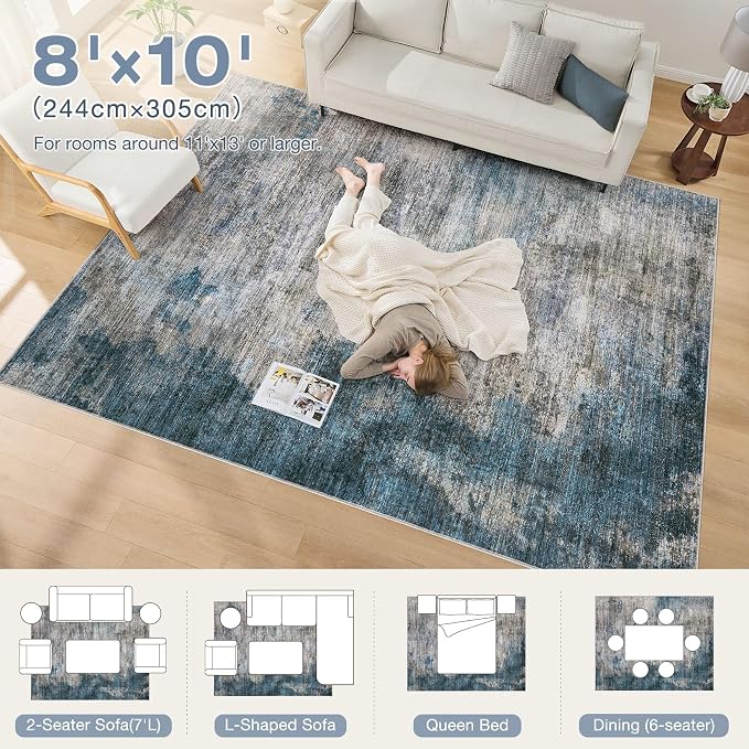 DMOYEST 8x10 Area Rug for Living Room Washable Abstract Indoor Carpet | Neutral Modern Low Pile Rugs Kid & Pet Friendly Large Soft Thin Carpet for Bedroom Dining Room - Dark Grey Blue