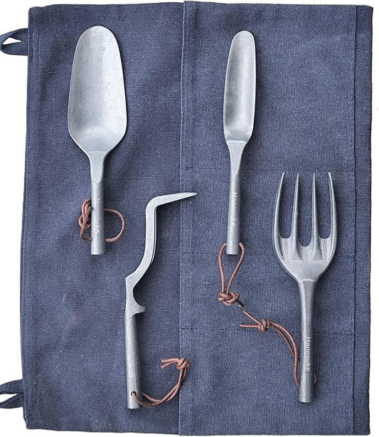 Heavy Duty Garden Tools Set with Elegant Design, 4-Piece Zinc Alloy Kit Includes Large Shovel, Hand Trowel, 2 & 4 Prong Cultivator for Gardening