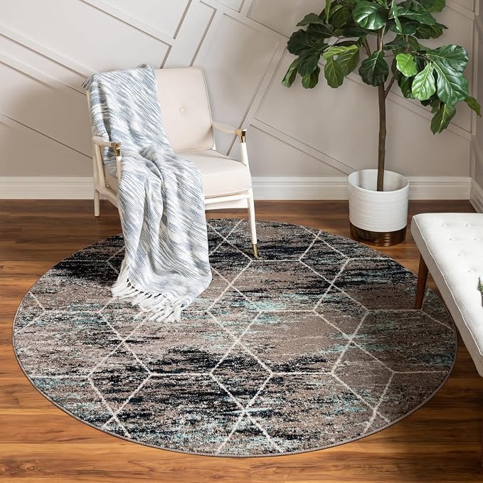 Unique Loom Trellis Frieze Collection Area Rug - Geometric (4' Round, Blue Multi/ Ivory)