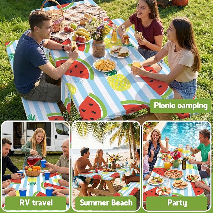 Picnic Table Cover with Bench Covers Waterproof Elastic Rectangle Tablecloth Camper Essentials Supplies Rv Car Travel Gear Must Haves Accessories Fitted Table Cloth Outdoor Road Trip Camping Gifts 6ft