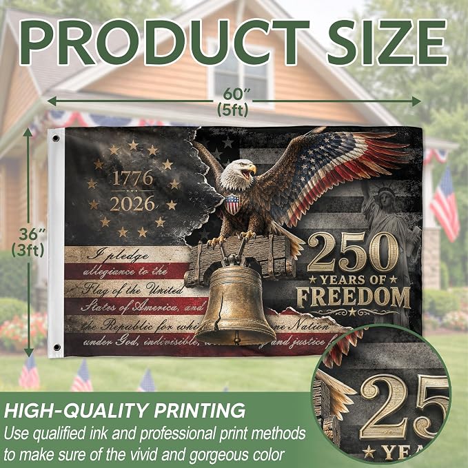 250 Anniversary Usa Flag With Brass Grommets, 250 Years Of Freedom Flag 3x5 Ft, 250th Anniversary Banner, 4th Of July Decorations Outdoor, Front & Back Printed, American Flags With Eagle 2
