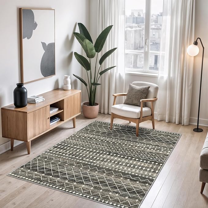 Miukiki 3x5 Washable Area Rug Moroccan Soft Non Slip Entryway Rug Black | Machine Washable 3x5 Rug for Bedroom Kitchen Living Room, Low Pile Indoor Floor Carpet with Vintage Pattern