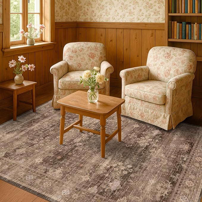 Taupe Brown 5x8 Rug for Living Room - Vintage Traditional Dark Neutral Geometric, Washable Foldable Non-Slip Area Rugs for Dining Under Table, Home Office, Guest Room