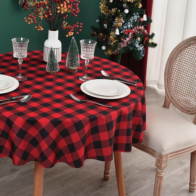Waterproof Plaid Tablecloth Fabric - Round 120 Inch Classic Gingham Checker Table Cloth for Indoor/Outdoor Use - Buffalo Table Cover for Picnics, BBQs, and Parties