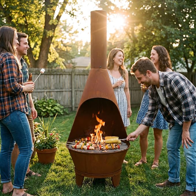 Sunnydaze Large Chiminea Outdoor Fireplace - Outdoor Wood-Burning Fireplace - Chimney Fire Pit with Grill Grate - Rustic - 58" H