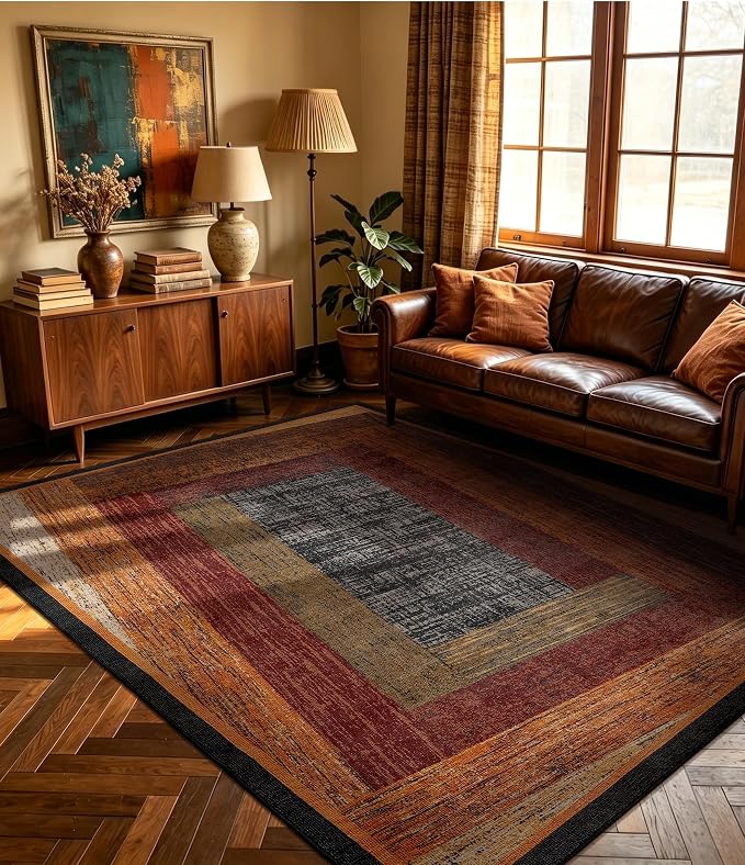 Brown Geometric Woody Area Rug 5x7 for Bedroom,Retro Farmhouse Rugs Washable,Vintage Rug Non Slip, Boho Area Rug for Kitchen,Dining Room,Living Room