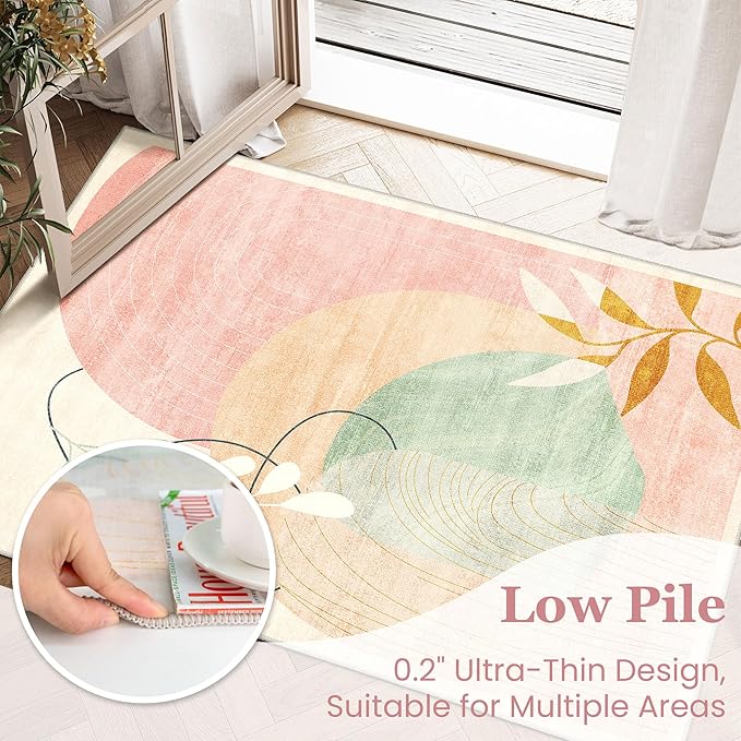 5x7 Area Rugs Washable Low Pile Non Slip Mid Century Modern Large | Machine Washable Throw Carpet for Living Room Bedroom Office Dining Room Indoor Boho Abstract Retro Geometric Pink