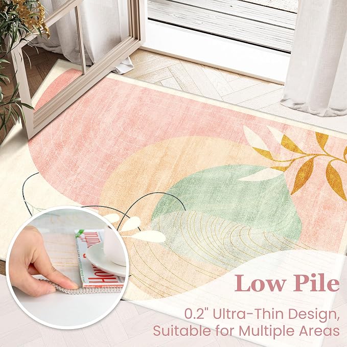 2x3 Washable Rug Small Area Rugs Non Slip Mid Century Modern | Throw Carpet for Bathroom Entryway Entry Entrance Bedroom Bedside Floor Indoor Boho Abstract Retro Geometric Pink