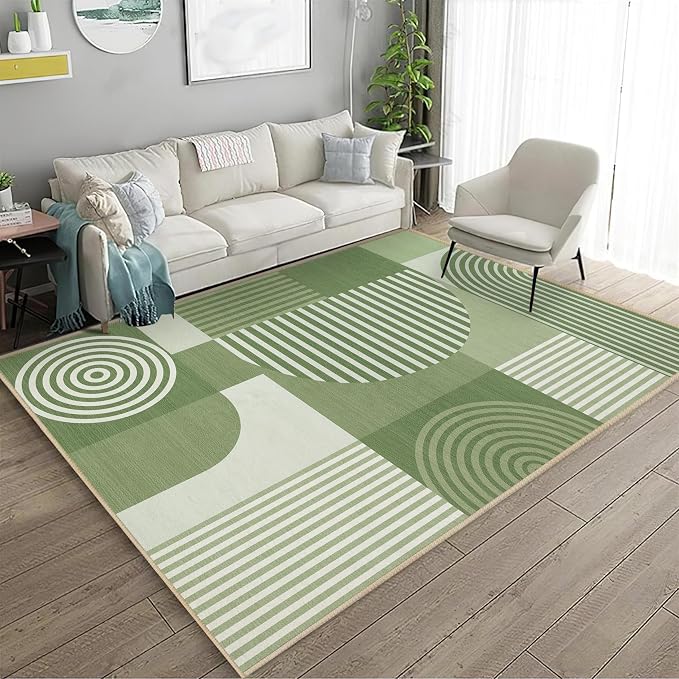 Green Geometric Area Rug 4x6 for Living Room Rug Machine Washable Minimalist Line Mid Century Modern Rugs Non Slip Low Pile Indoor Floor Carpet for Bedroom Dining Room Laundry Office,Green