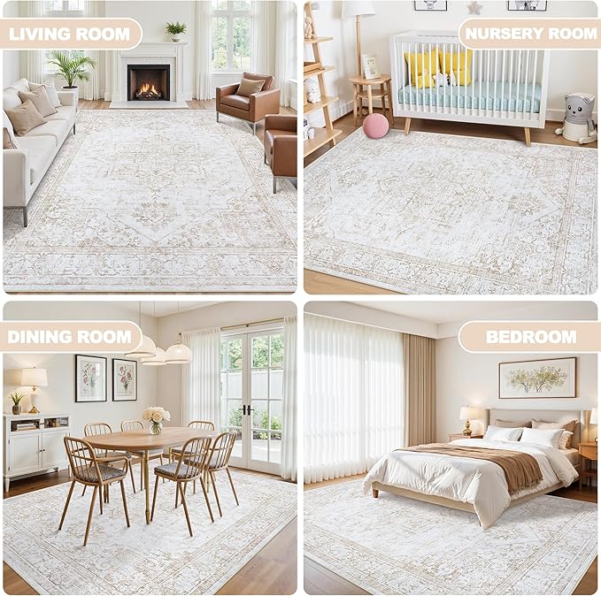 Area Rug 6x9 Living Room Rug Washable Beige Non-Slip Rugs | Vintage Medallion Rug，Soft Low Pile Large Rugs，Indoor Retro Carpet for Bedroom Nursery Dining Table Farmhouse Home Office