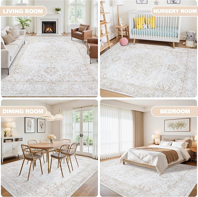 8x10 Area Rugs for Living Room Washable Non-Slip Rug Beige | Vintage Medallion Rug，Soft Low Pile Large Rugs，Indoor Retro Carpet for Bedroom Nursery Dining Table Farmhouse Home Office