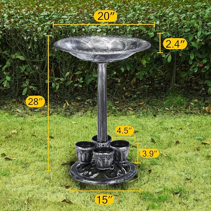 Bird Bath for Outside with 4 Removable Flower Planters 28in Polyresin Lightweight Vintage Birdbath for Outdoors Stake Standing Bowl and Water Feeder Yard Garden Decor Black