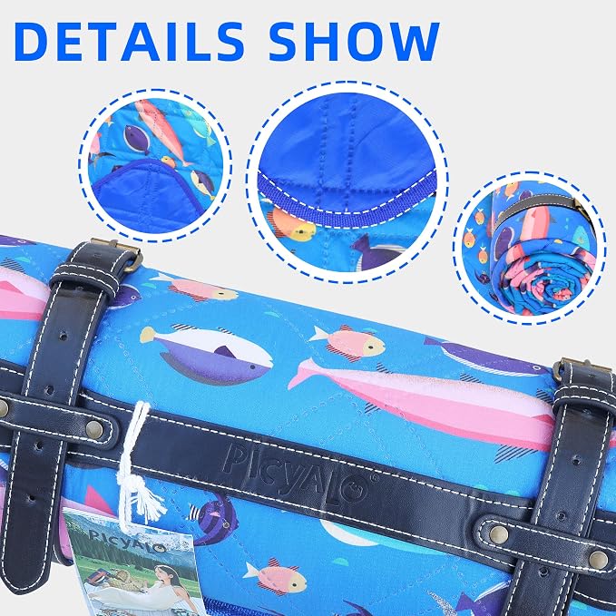Picnic Blanket, 80x80 Inches, White Fish Pattern, Double Thickened with 150g Cotton, Portable Foldable with Leather Carry Strap