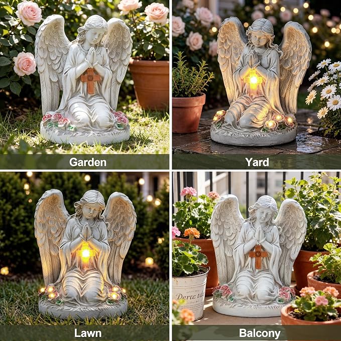 Solar Angel Garden Statues with Cross and 6 LED Lights, Solar Outdoor Decor for Patio, Balcony, Yard, Cemetery, Waterproof Praying Angel Figurines, Lawn Ornaments Gifts for Women, Mom, Grandma