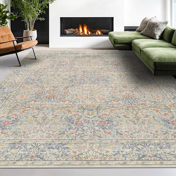 Vintage Washable Beige Blue 10x14 Rug for Living Room - Extra Large Area Rug for Dining Room Under Table, Bedroom - Botanical Floral Design with Purple Red Accent, Non-Slip Lightweight Soft Low Pile