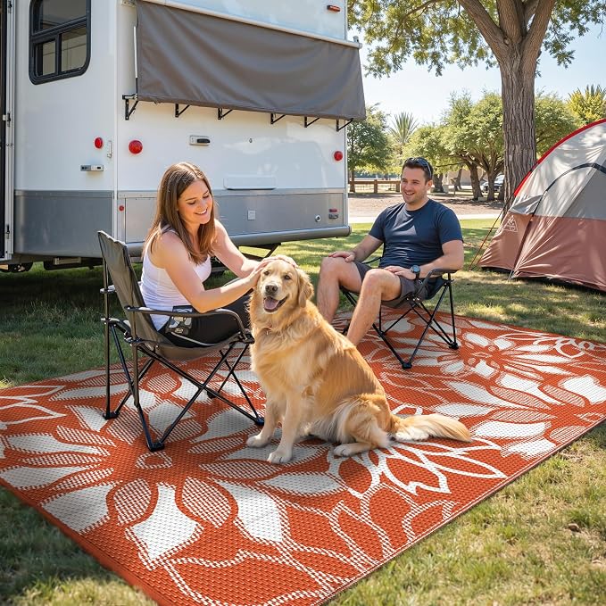GENIMO Outdoor Rug Waterproof for Patio Decor, 6' x 9' Reversible Plastic Straw Floral Camping Carpet, Large Area Rugs Mats for RV, Camper, Deck, Balcony, Porch, Beach, Picnic, Orange & White