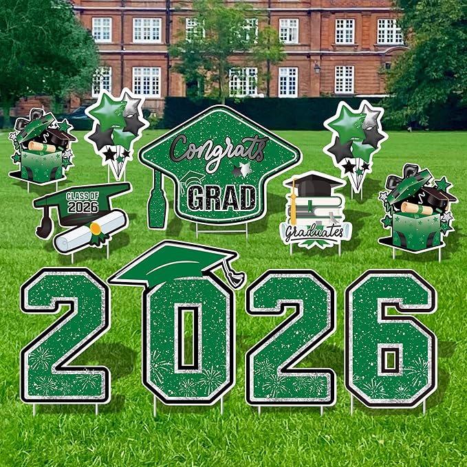 Large 11 PCS Graduation Yard Signs, Class of 2026 Congrats Grad Outdoor Lawn Yard Sign with Stakes, Graduate Yard Decorations for College High School Party, Black and Green
