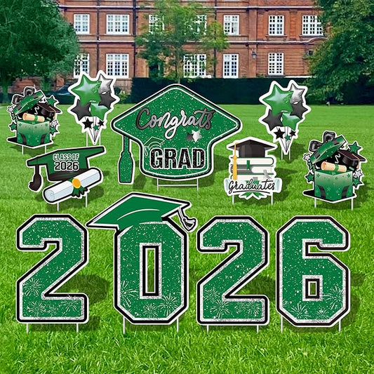 Large 11 PCS Graduation Yard Signs, Class of 2026 Congrats Grad Outdoor Lawn Yard Sign with Stakes, Graduate Yard Decorations for College High School Party, Black and Green
