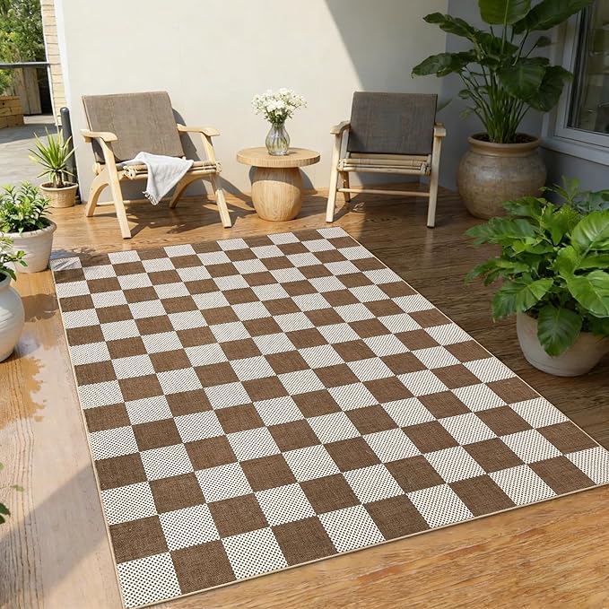GarveeHome Checkered Terracotta Brown 4x6 Washable Rug Low-Pile for Bedroom | Non-Slip Terracotta Brown Soft Stain Resistant Rug for Bedroom Bathroom Living Room Geometric Modern Rug TPE Backing