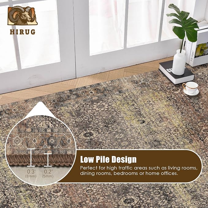 Washable Area Rug 8' x 10' Vintage Traditional Persian Mat - Foldable Distressed Non-Slip Machine Washable Carpet for Living Room Bedroom Kitchen Home Decor - Umber and Slate