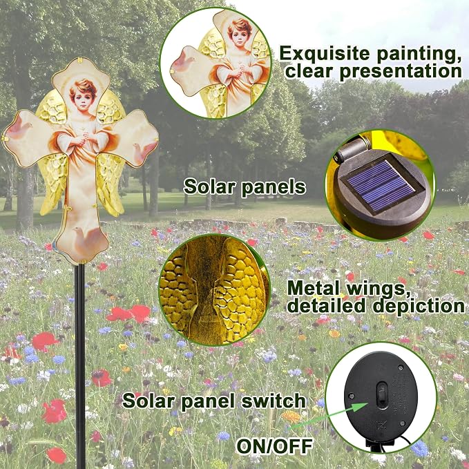 Solar Little Angel, Child Cross Garden Lights for Graves - Angel Wing Memorial Decor, Waterproof Cemetery Solar Stake Lights for Easter, Patio, Yard - Sympathy Gifts for Loved Ones1.