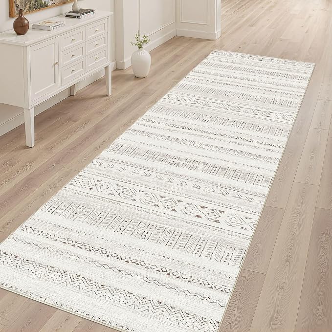 cotiled Hallway 2.6x8 Runner Rugs Washable Boho Rug Brown/Cream | Stain Resistan Indoor Carpet for Entryway Kitchen Laundry Room Bedroom