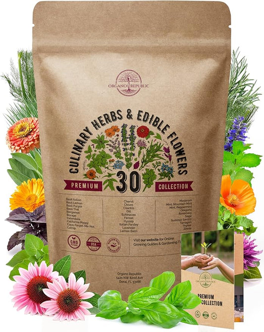 Organo Republic 30 Culinary Herbs & Edible Flower Seeds Variety Pack- Indoor/Outdoor. 7400+ Non-GMO Heirloom Flower Seeds: Basil, Borage, Echinacea, Lavender, Oregano, Rosemary Seeds & More