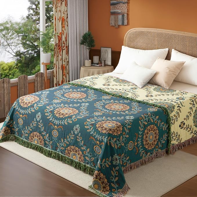 Phuryllic Boho Throw Blanket Twin Size, Soft Cozy Cotton Muslin Quilt Blanket for Bed Decor, Floral Patterned Couch Sofa Chair Cover, Vintage Farmhouse Cottage Tapestry Woven Blanket, Green&Beige