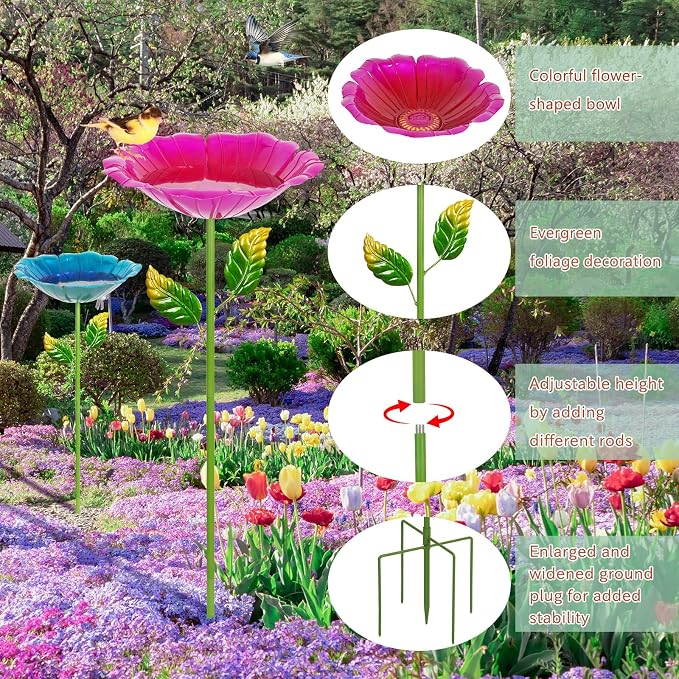 4 Pack Bird Baths for Outdoors, Colorful Metal Bird Bath for Outside, Hummingbird Bath with Five Stakes, Garden Flower Small Birdbath for Garden Decor (Red,Yellow,Blue,Green)