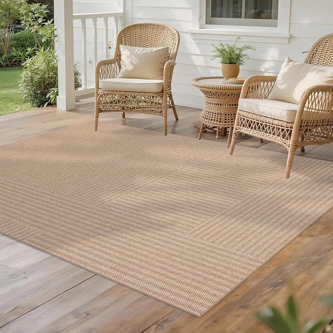 Easy Jute Rug 5x7 Outdoor: Natural Area Rugs for Patio Linen-Look Fabric Durable - Washable Carpet for Living Room Bedroom - Beige Stripes