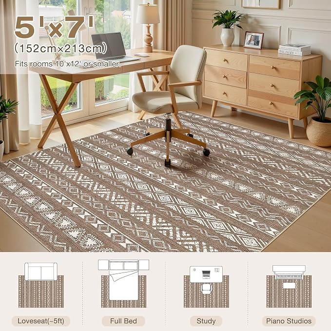 kakania Washable 5x7 Area Rug for Living Room: Boho Geometry Home Decor | Soft Stain Resistant, Low-Pile, Non-Slip, Pet & Kid Friendly, Thin Rug for Bedroom/Dining Room/Kids Dorm - Dark Brown