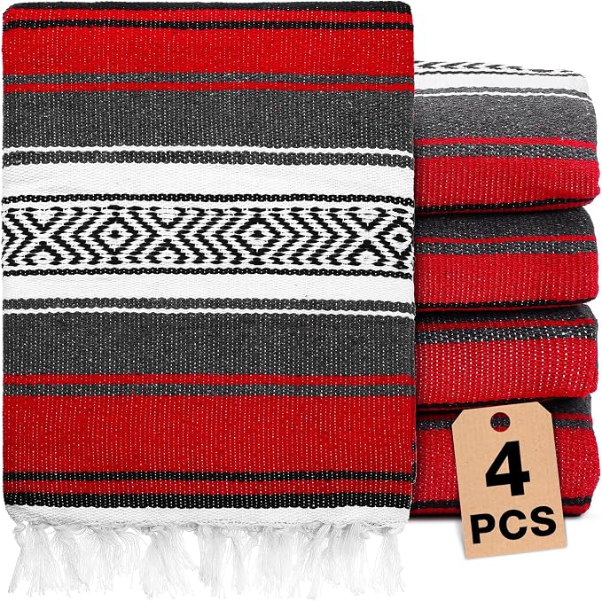 Oudain 4 Pcs Mexican Blankets Bulk Handwoven Mexican Yoga Blanket Towel Colorful Falsa Serape Woven Throw Blanket Boho Beach Blankets for Outdoor Camping Beach Picnic Travel Home(Red)