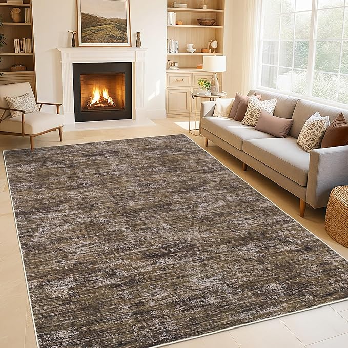 Garvee Washable Living Room Rug 8x10 Modern Solid Color Area Rugs, Brown | Non Slip Stain Resistant Non Shedding Neutral Low Pile Large Foldable Soft Rug for Nursery Dining Room Bedroom