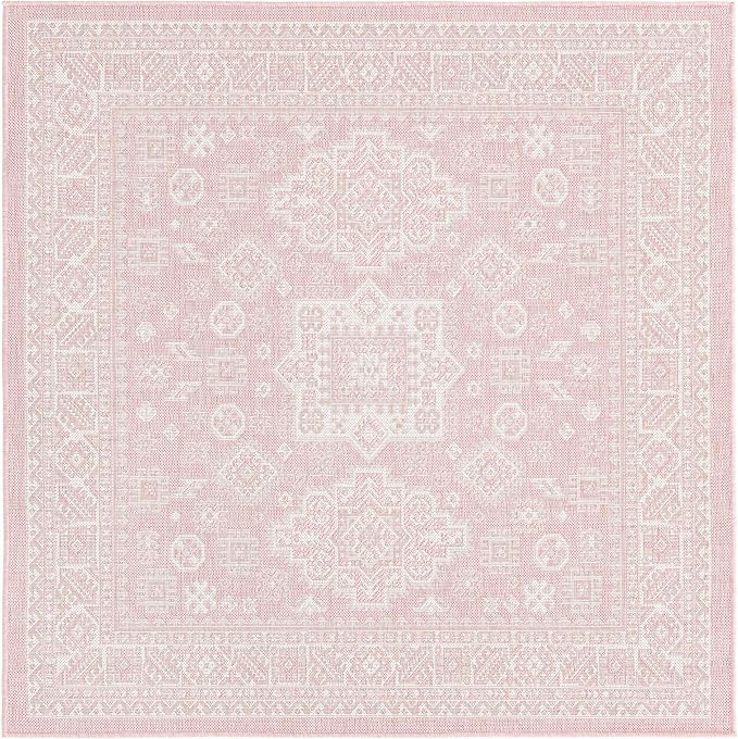 Unique Loom Outdoor Aztec Collection Area Rug - Chalca (5' 3" Square, Pink/ Ivory)