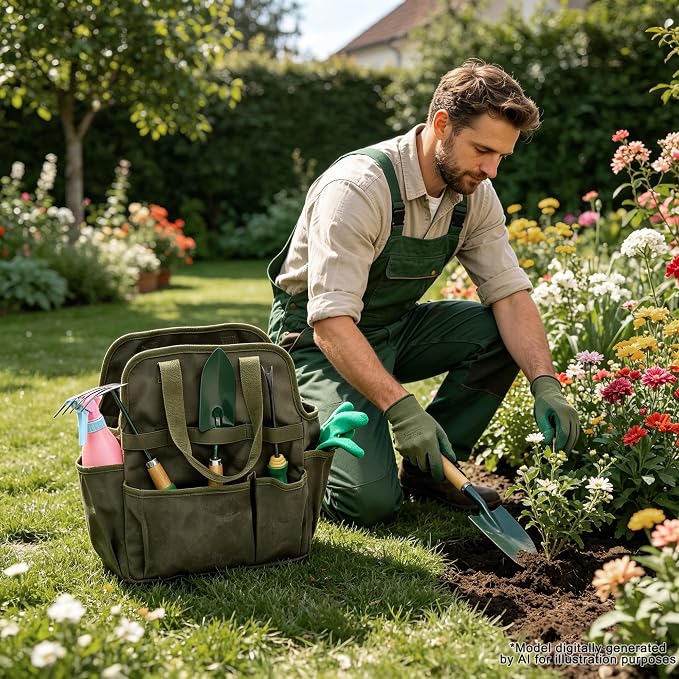 Waxed Canvas Utility Tote Bag, Large Capacity Multi-Pocket Garden Tool Bag, Heavy Duty Waterproof Work Tote for Camping, Gardening, Organizer Storage Bag for Men Women, Army Green