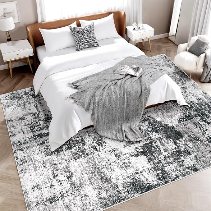 5x7 Area Rugs Washable Rug: Abstract Neutral Rugs Modern Non Slip Area Rug Stain Resistant Low Pile Indoor Carpet for Dining Room Bedroom Nursery Office (Black Grey, 5'x7')