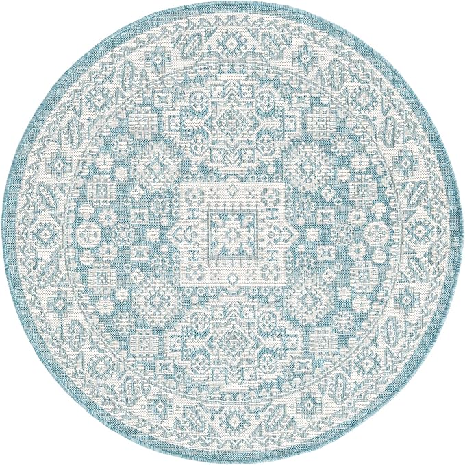 Unique Loom Outdoor Aztec Collection Area Rug - Chalca (4' 1" Round, Aqua/ Ivory)