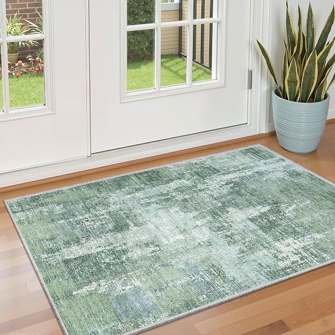 Valenrug 3x5 Rug, Abstract Washable Entryway Rug for Bedroom Sage Green | Soft & Lighweight, Folable, Stain Resistant Low Pile Thin Indoor Distressed Carpet Rugs for Living Room,Laundry Room,Kitchen