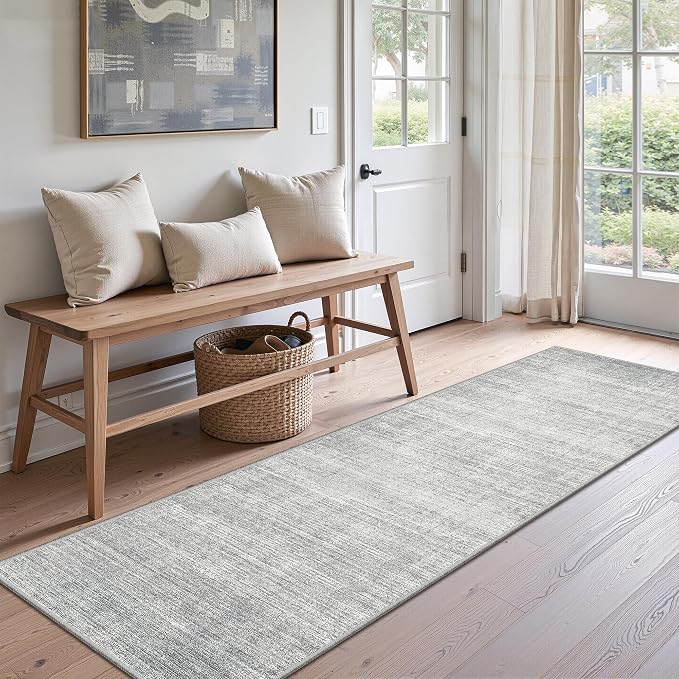 Valenrug 2x8 Runner Rug Non Slip, Washable Rug Runners for Hallways, Grey | Soft Low Pile, Thin & Lighweight Carpet, Folable Stain Resistant Modern Indoor 8ft Floor Mat for Living Room,Bedroom,Kitchen