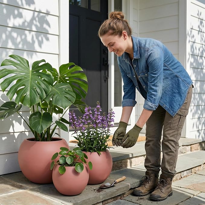 DTY Premium Mt Sherman Fiberstone Sphere Planter for Indoor Outdoor Use, Round Pot for Olive Tree, Lightweight, Smooth Finishes. 2 Coco Mats. Terracotta, Medium 16.1'' D x 13.6'' H. 11.8” Pot Opening