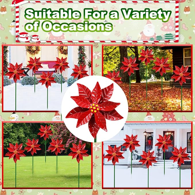 Metal Flowers Wind Spinner Garden Lawn Stakes Yard Art Poinsettia Windmill | 27 Inch Handicraft Lawn Decorations, 5 Pieces Christmas Star Stake, Metal Yard Art Outdoor Mother's Day Decoration Gift